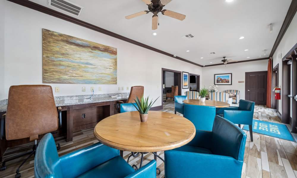 Close up of table and chairs in business center at Sunset Lodge in Odessa, Texas