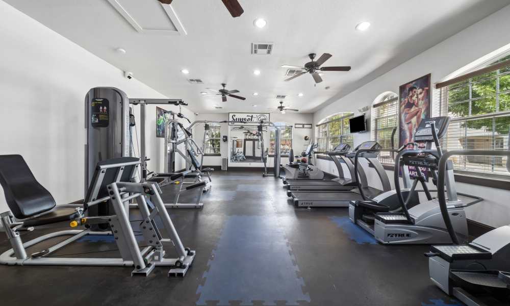 Modern fitness center at Sunset Lodge in Odessa, Texas