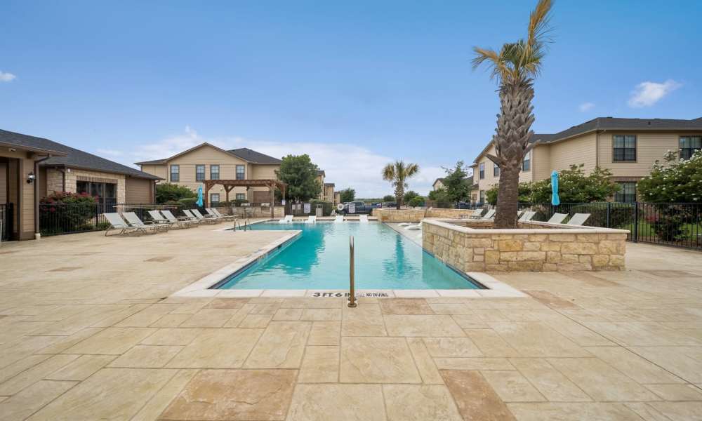 Resort style swimming pool with lounge seating and palm trees at Vistas at Red Creek in San Angelo, Texas