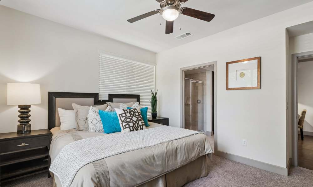 Side view of a large bedroom with plush carpeting, a lighted ceiling fan, neutral colored walls, and the entry door at Plantation Park Apartments in Lake Jackson, Texas