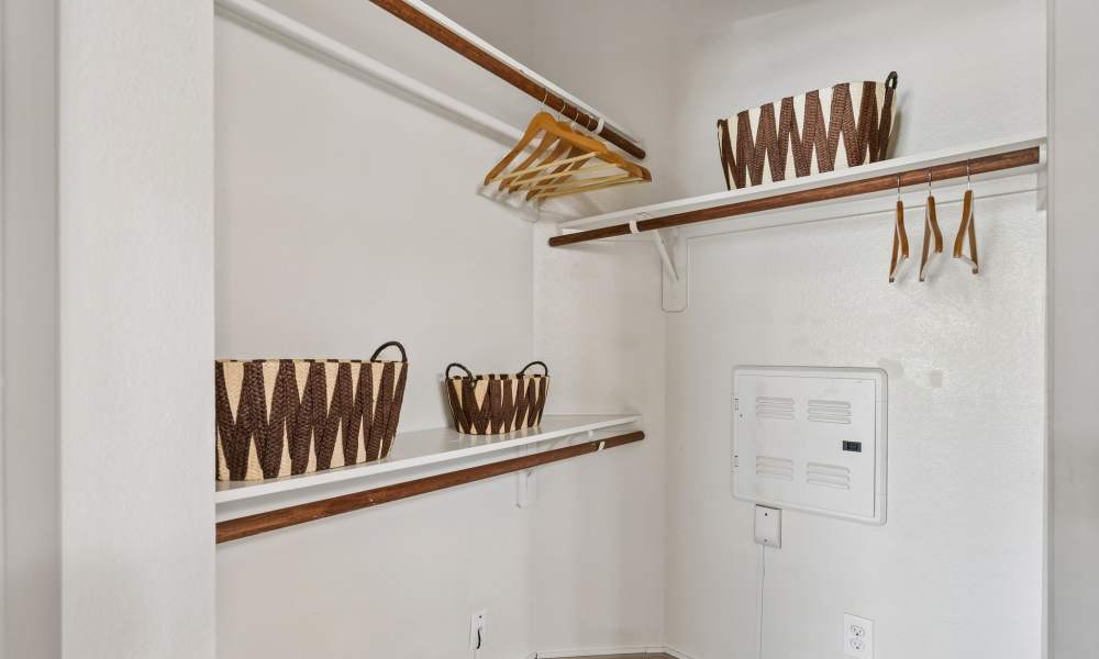 A large closet with shelving at Plantation Park Apartments in Lake Jackson, Texas