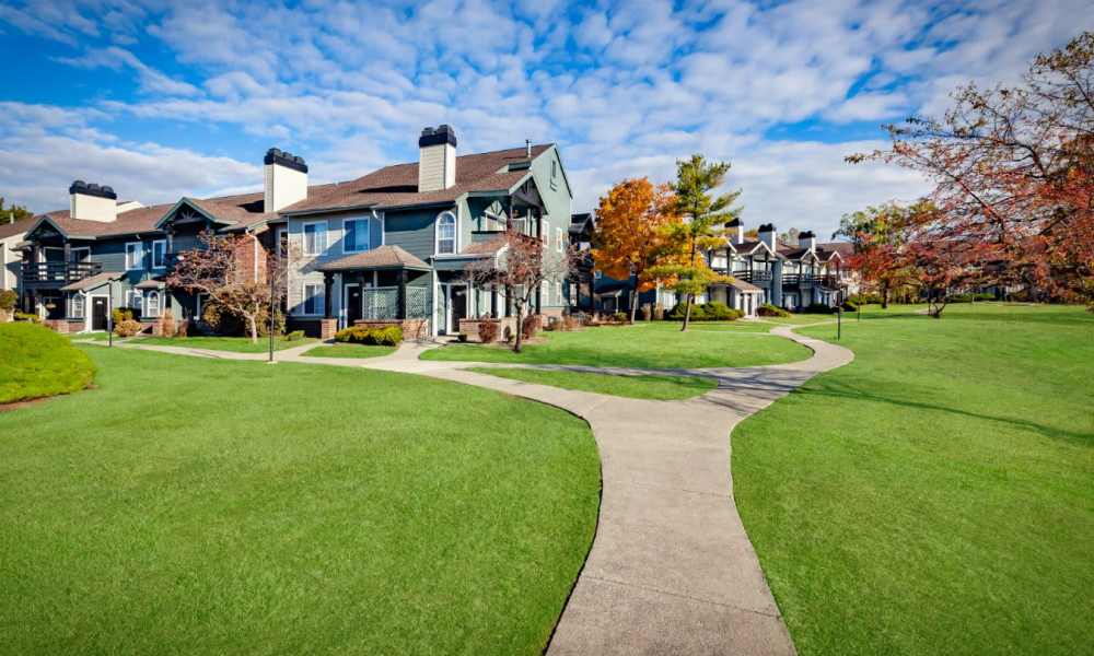 Community courtyard with green space  at Willows of Coventry in Fort Wayne, Indiana