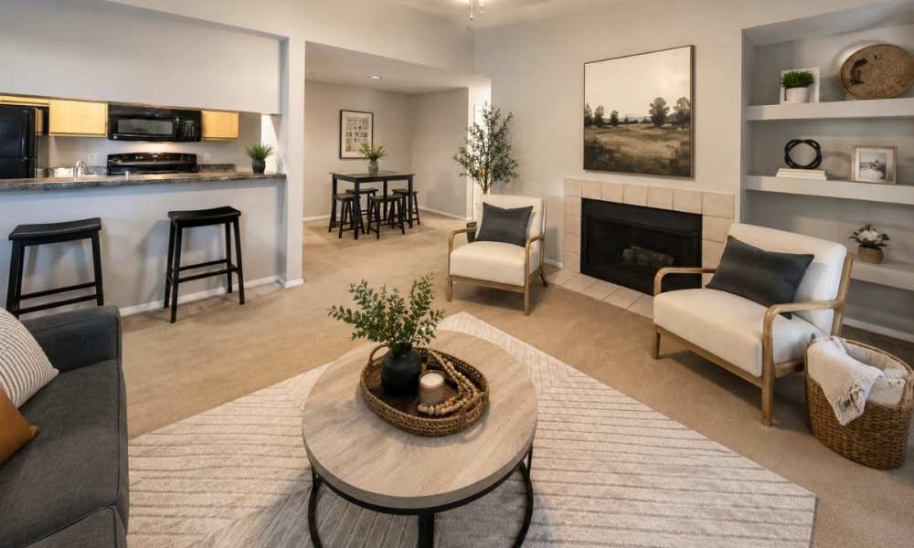 Living room with fireplace  at Willows of Coventry in Fort Wayne, Indiana