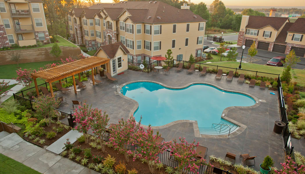 Aerial view of Tuscany Hills's gated community swimming pool in Tulsa, Oklahoma