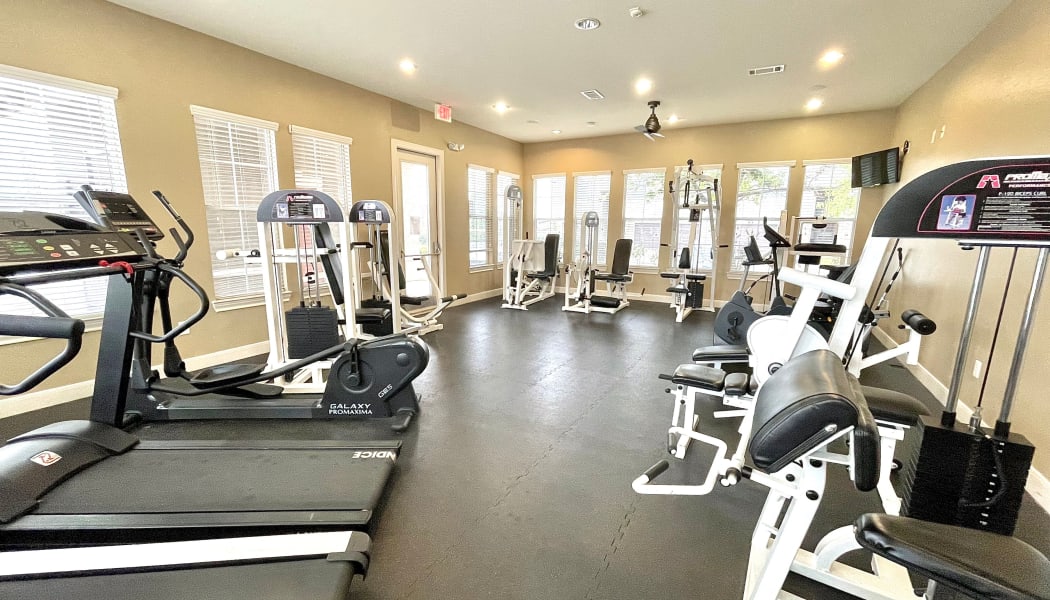 Fitness center at The Abbey at Stone Oak in San Antonio