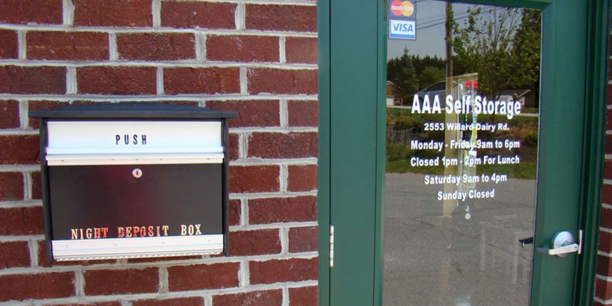 front door at AAA Self Storage at Willard Dairy Rd in High Point, North Carolina