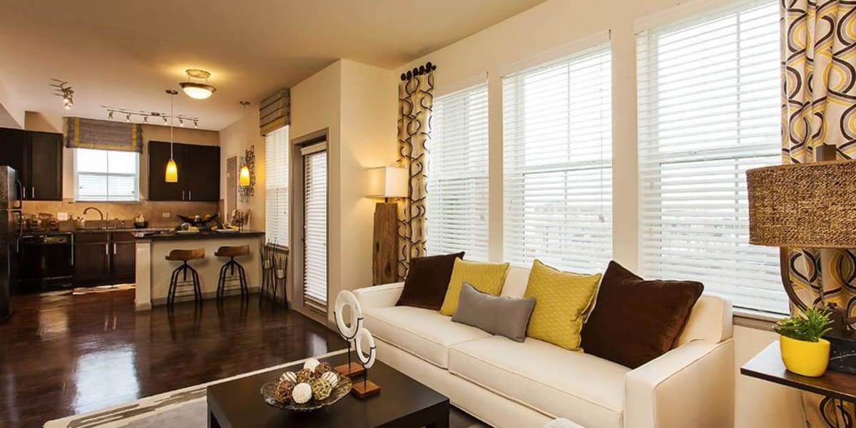 Cozy living room in model home at Harvest Station Apartments in Broomfield, Colorado