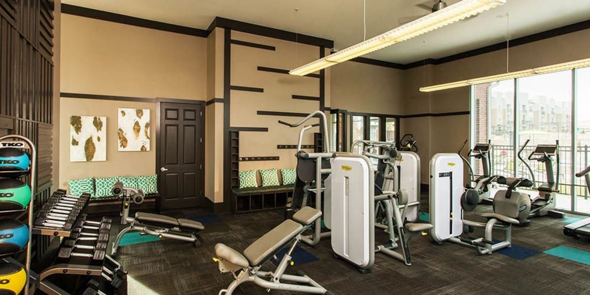 Full fitness center for residents to use at Harvest Station Apartments in Broomfield, Colorado