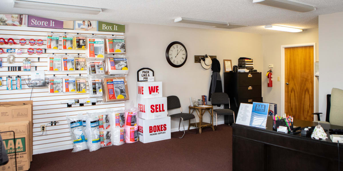 packing supplies in the office at AAA Self Storage of Thomasville in Thomasville, North Carolina