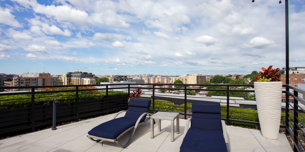 Two long lounge chairs for residents to relax on outdoors at 1350 Florida in Washington, District of Columbia