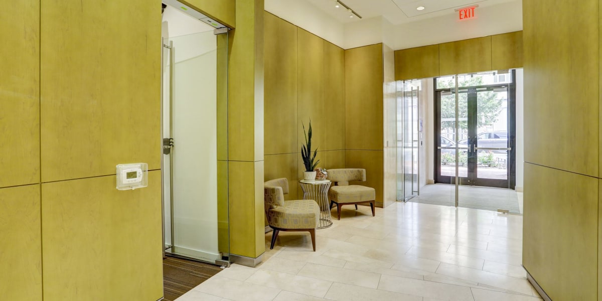 Entrance and lobby seating for residents and future residents at 1350 Florida in Washington, District of Columbia