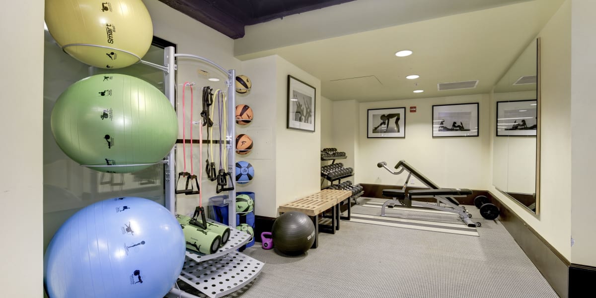 Free weights and functional fitness area of the resident gym at 1630 R St NW in Washington, District of Columbia