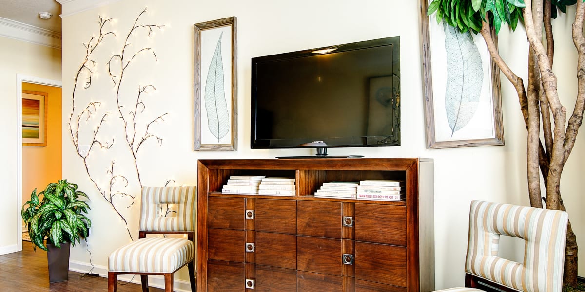 Chest of drawers with a large tv on top in the living room at The Retreat at Market Square in Frederick, Maryland