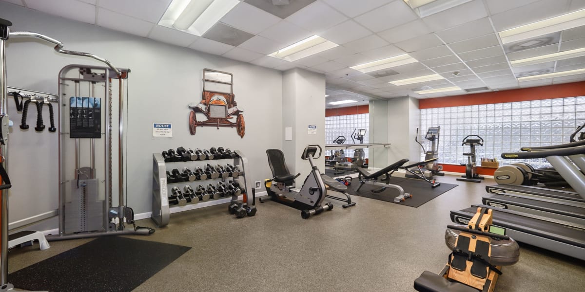 Full sized fitness area with lots of free weights to get a full workout in anytime at Winston House in Washington, District of Columbia