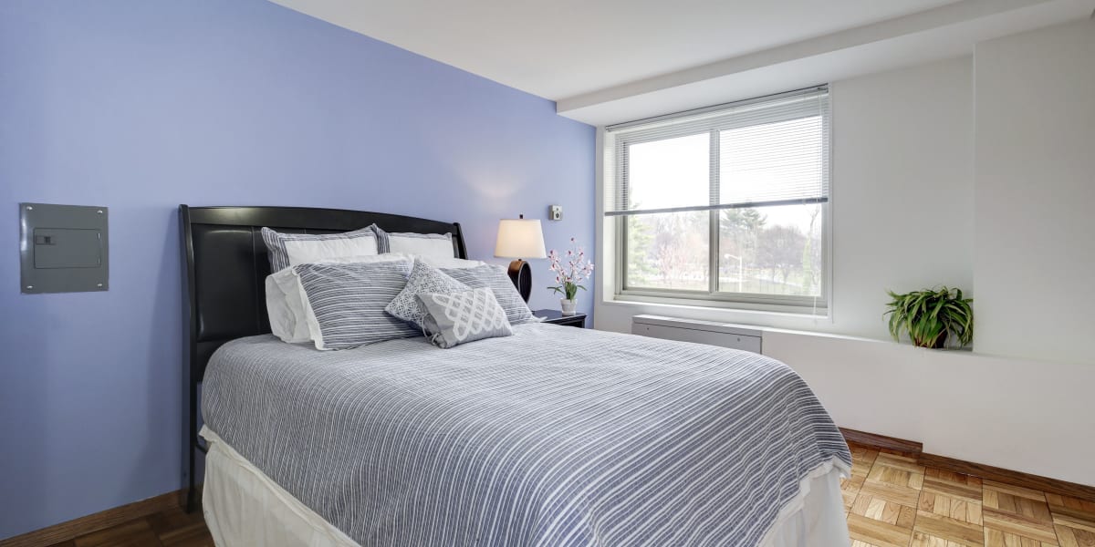 Cozy looking bedroom with hardwood floors at The Brandywine Apartments in Washington, District of Columbia
