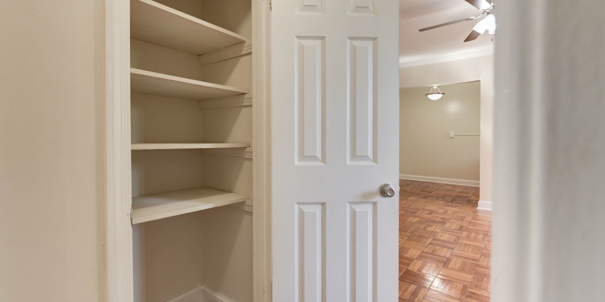 Lots of extra storage space on the shelves in the closet at Chillum Manor in Washington, District of Columbia