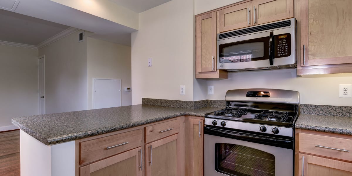 Nice dark countertops and a large island for tons of extra space when cooking or baking in the kitchen at The Gardens at Del Ray in Alexandria, Virginia