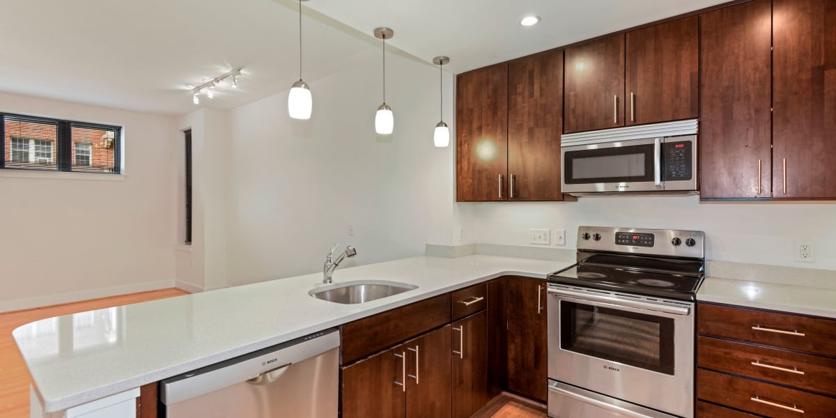 Very sleek looking dark wood cabinets and stainless steel appliances in the kitchen at Griffin Apartments in Washington, District of Columbia