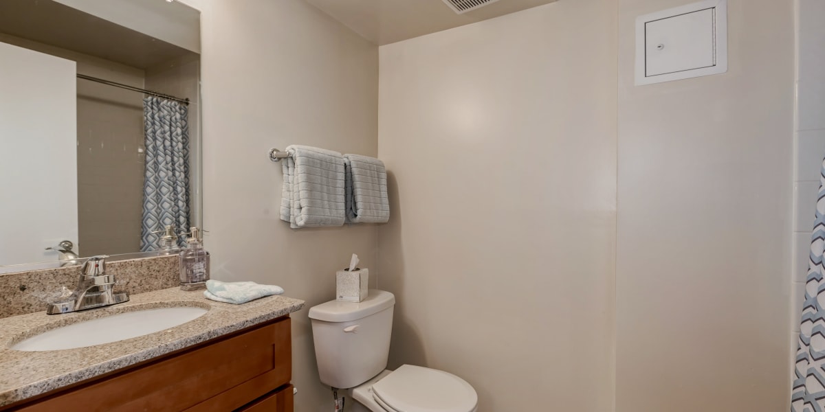 Cozy bathroom with a big mirror at Takoma Flats in Washington, District of Columbia