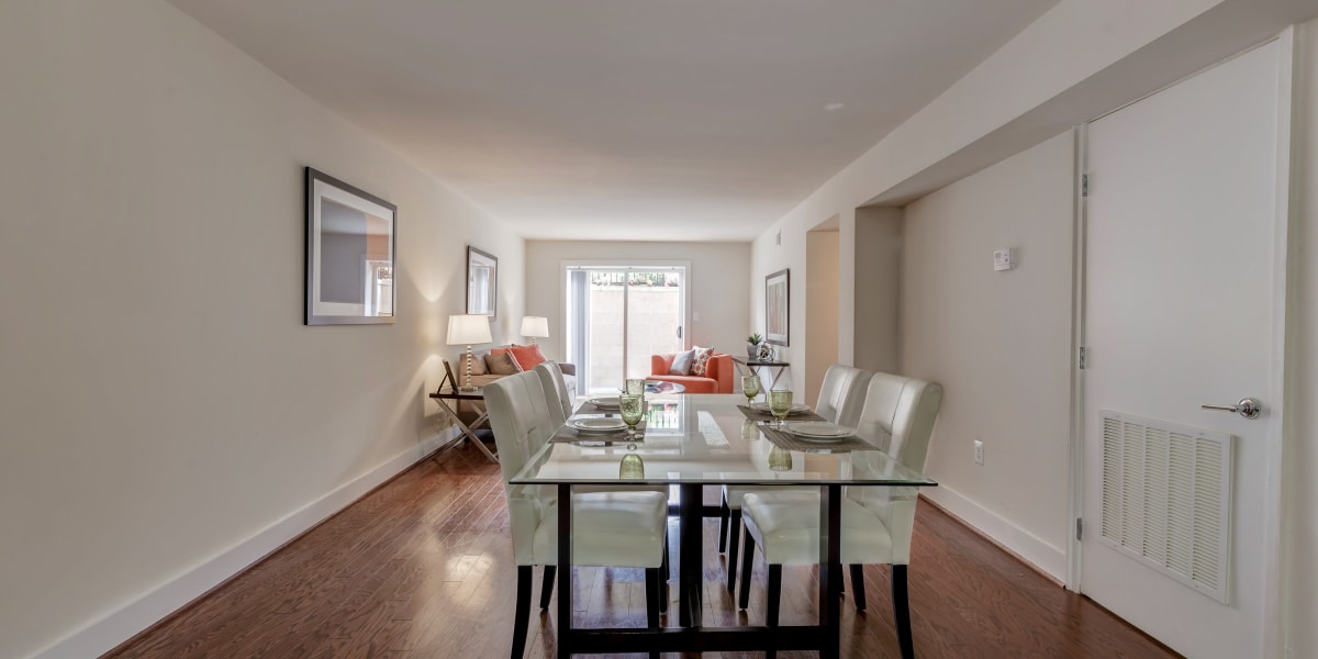 Spacious and open dining area and living room in a model home at Takoma Flats in Washington, District of Columbia