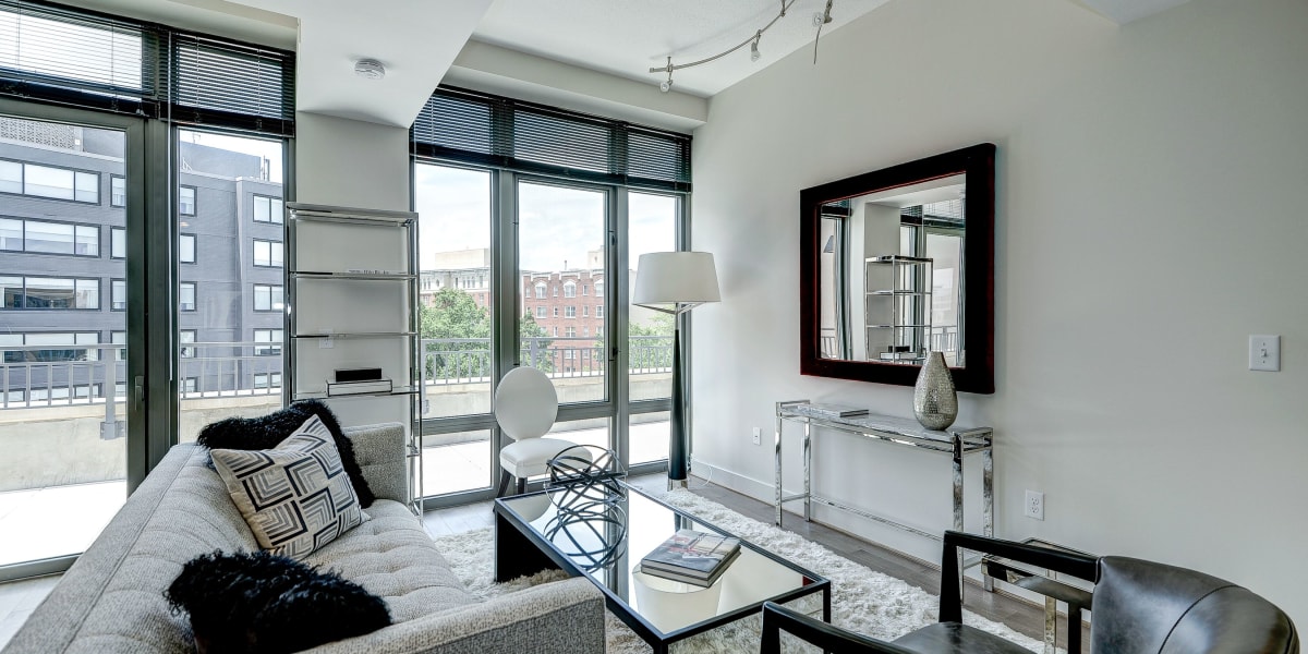 Great views from the huge living room windows at The Bentley Apartments in Washington, District of Columbia