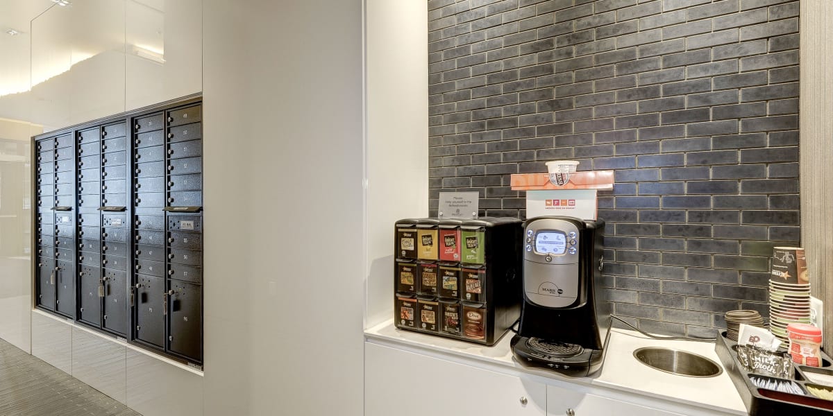 Coffee machine for residents to use in the lobby at The Bentley Apartments in Washington, District of Columbia