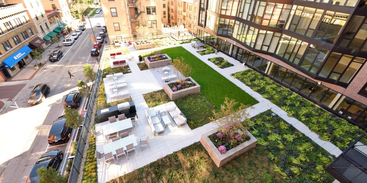 Outdoor terrace and resident area to hang out in and get some sun at The Main in Evanston, Illinois
