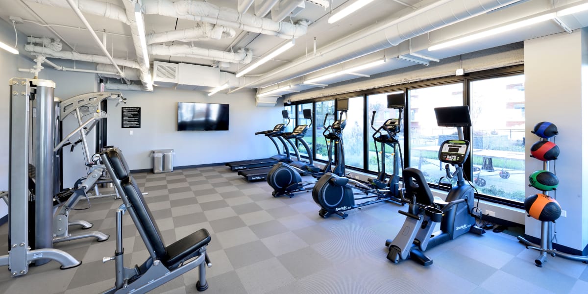 Full fitness center where residents can get a good workout in at The Main in Evanston, Illinois