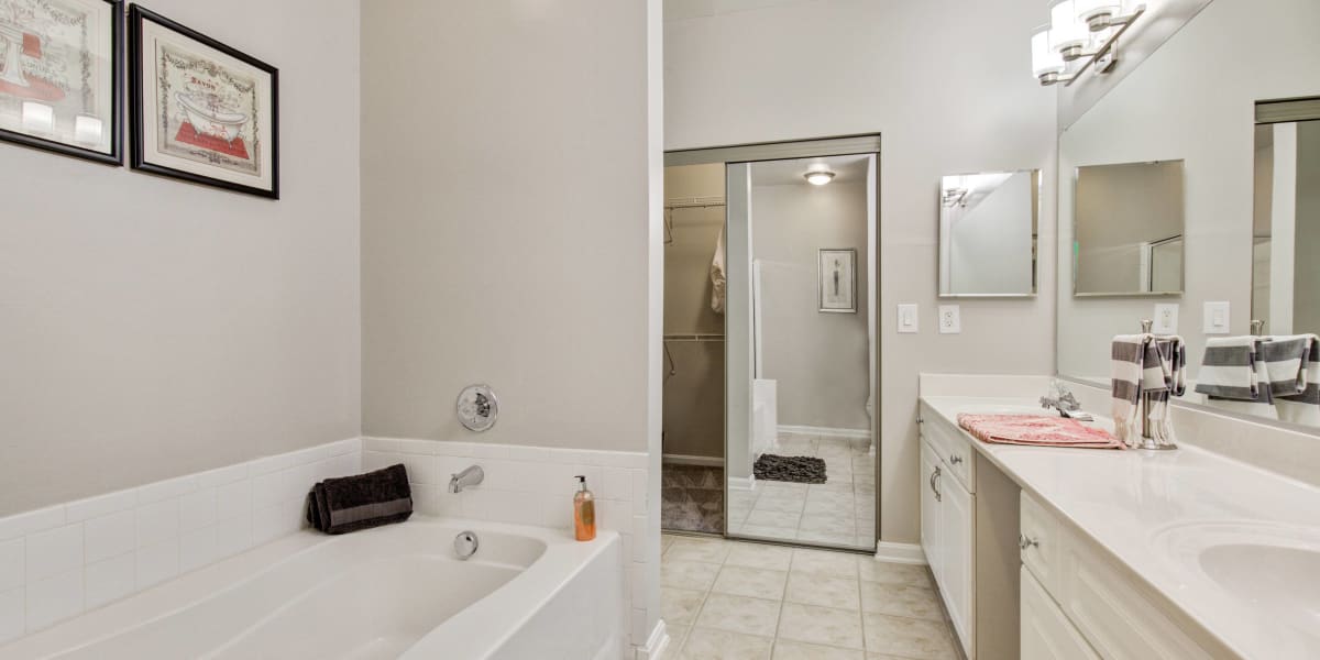 Bathroom with modern finishes at The Residences at Waterstone in Pikesville, Maryland
