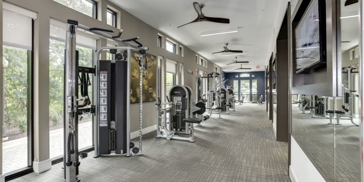 Stretching equipment and workout space in fitness center at Echelon at Odenton in Odenton, Maryland