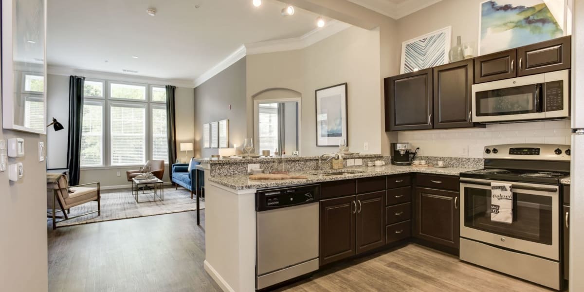 Kitchen and living room at Echelon at Odenton in Odenton, Maryland