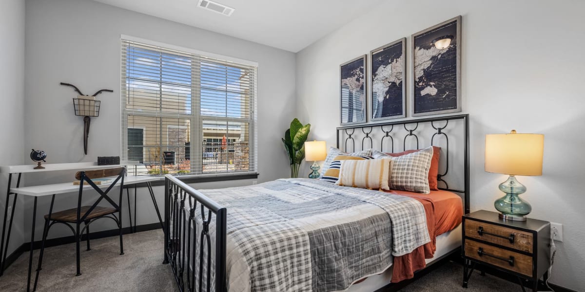 Modern bedroom at The Towne at Northgate Apartments in Colorado Springs, Colorado
