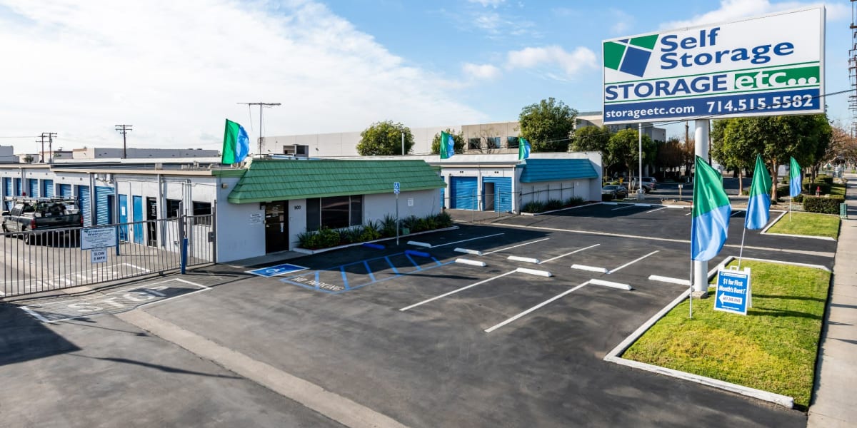 Parking lot and gate at Storage Etc Anaheim in Anaheim, California