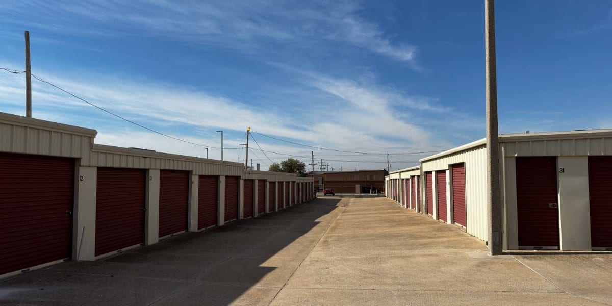 Ground-level outdoor storage units at StoreLine Self Storage in Lawton, Oklahoma