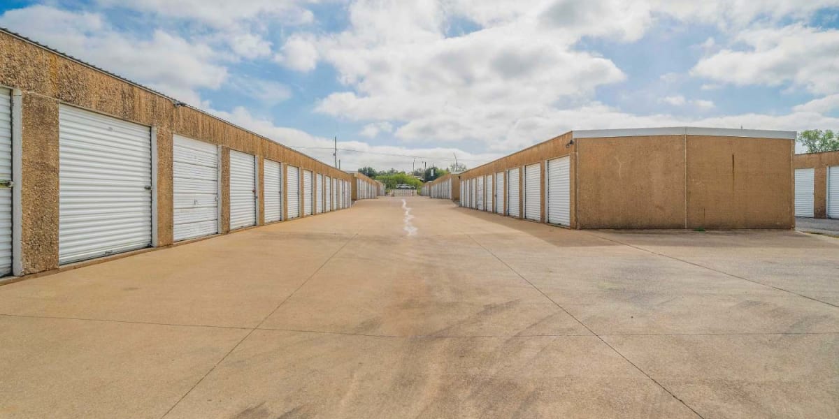 Ground-level outdoor storage units at StoreLine Self Storage in Wichita Falls, Texas