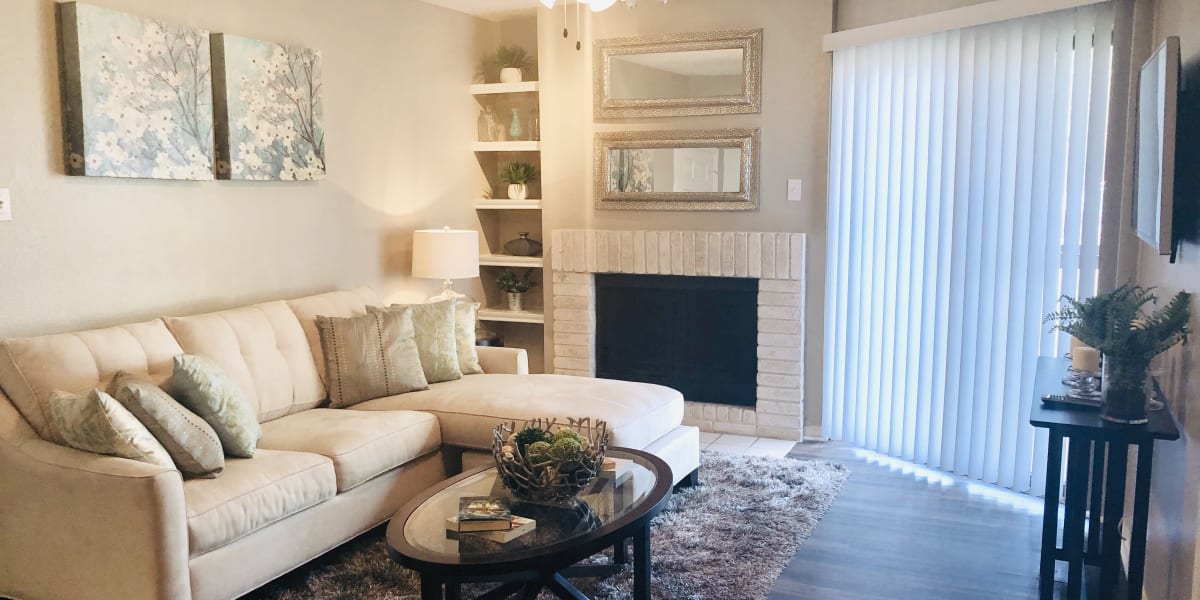 Living room with fireplace at Stratton Park in San Antonio, Texas
