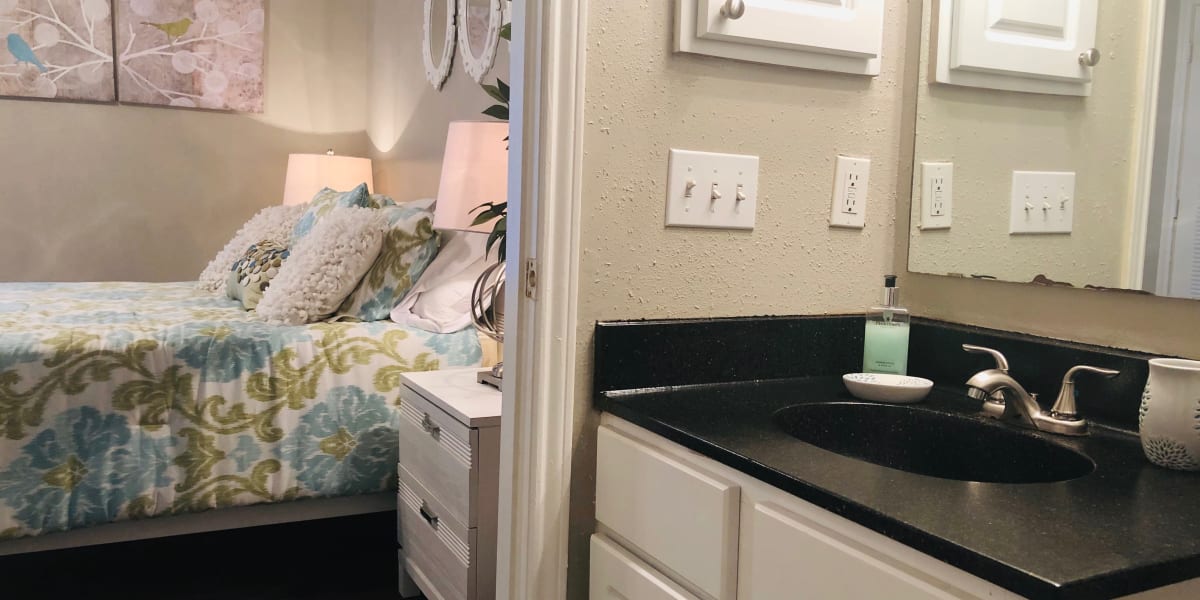 Bathroom with view of bedroom at Stratton Park in San Antonio, Texas