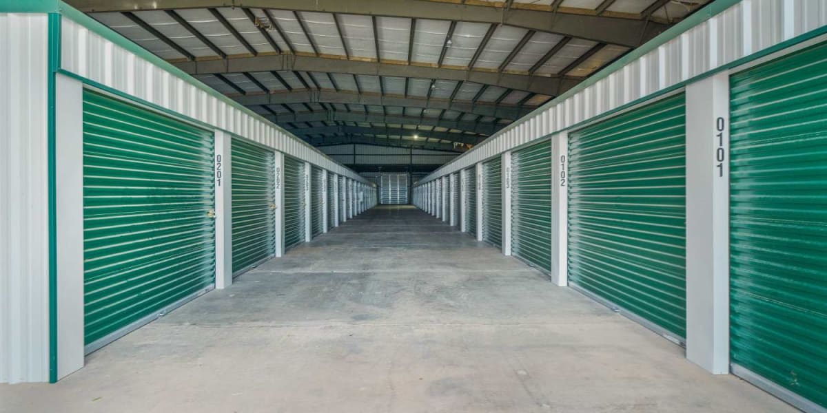 Covered ground-level storage units at StoreLine Self Storage in Wichita Falls, Texas