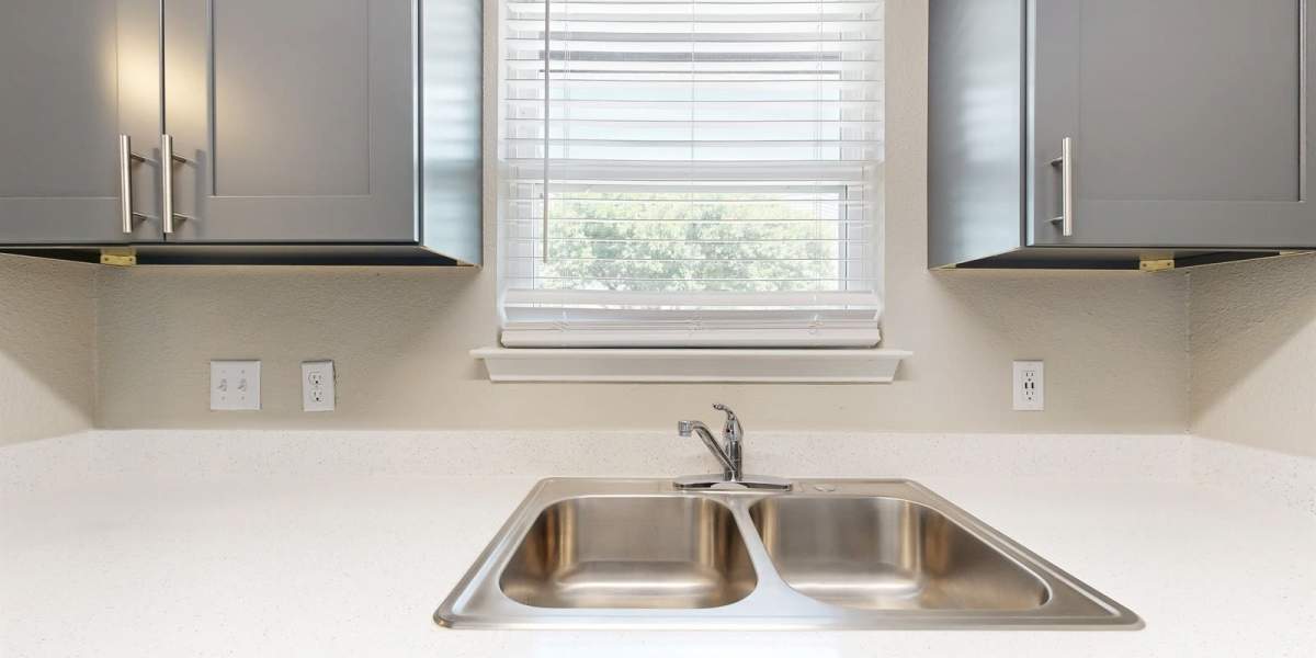 Stainless steel sink in the kitchen at Bella Vista in Austin, Texas