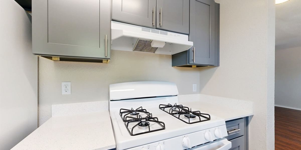 White appliances in the kitchen at Bella Vista in Austin, Texas