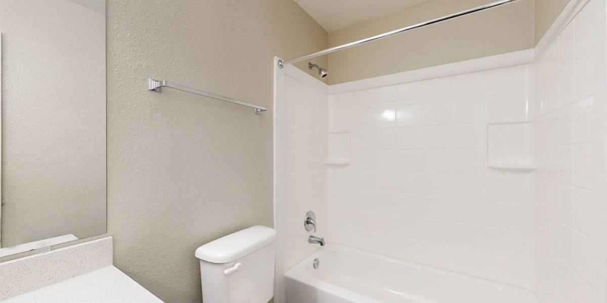 Shower and toilet in the bathroom at Bella Vista in Austin, Texas
