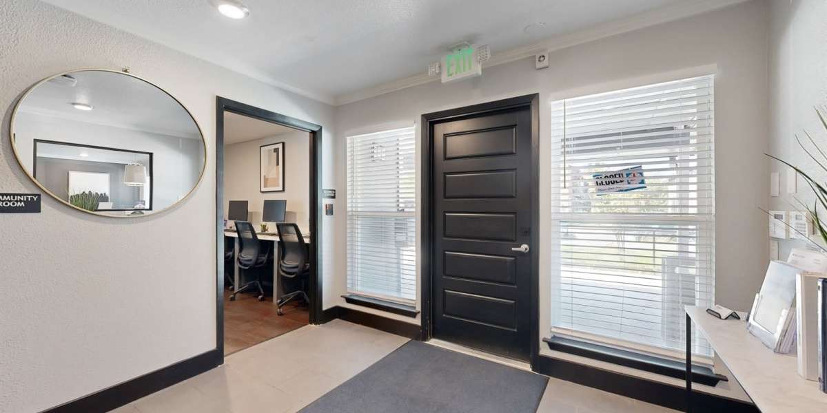 Front door to the community area at Bella Vista in Austin, Texas