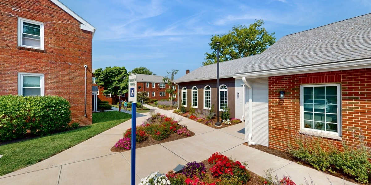 Exterior photo of the walkways at Cherry Garden Apartments in Roselle, New Jersey