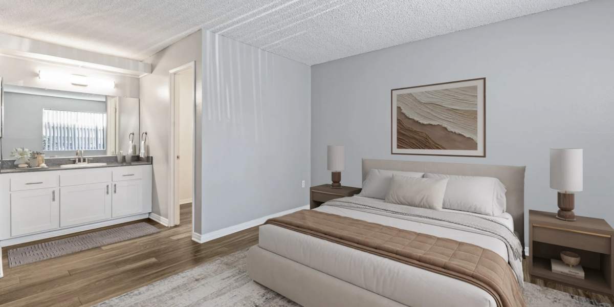 Bedroom with attached washroom at Shadow Ridge Apartments in Oceanside, California