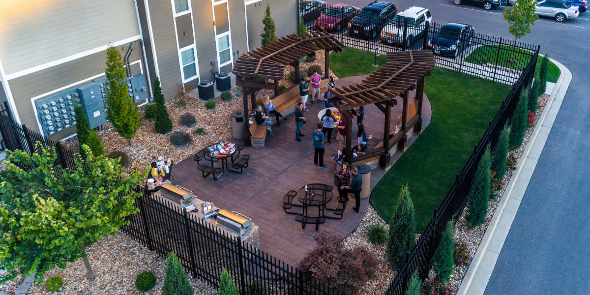 An aerial view of the back patio at Beacon Springfield in Springfield, Missouri