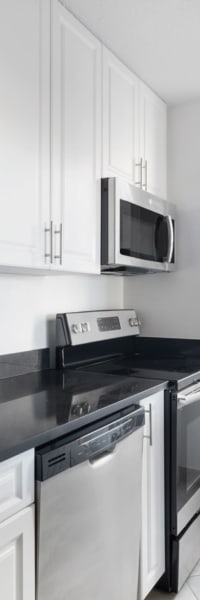 Stainless steel appliances in the kitchen at Carnegie Mews in New York, New York