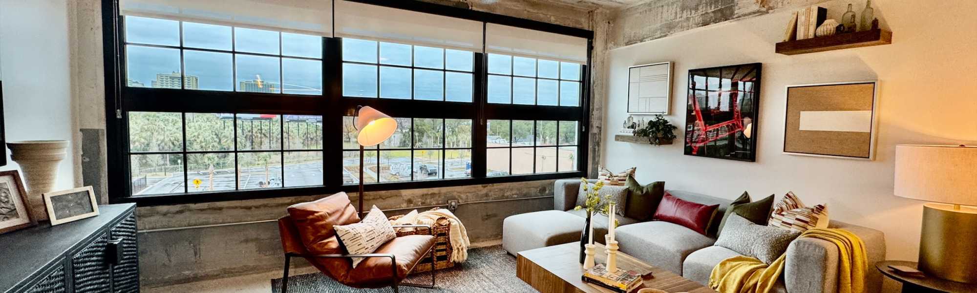 Living room of an apartment at Union Terminal Warehouse in Jacksonville, Florida