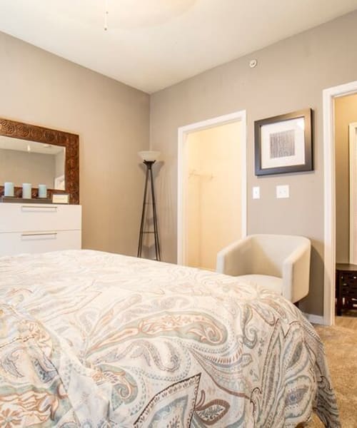 An apartment bedroom with an attached bathroom at Providence Trail in Mt Juliet, Tennessee