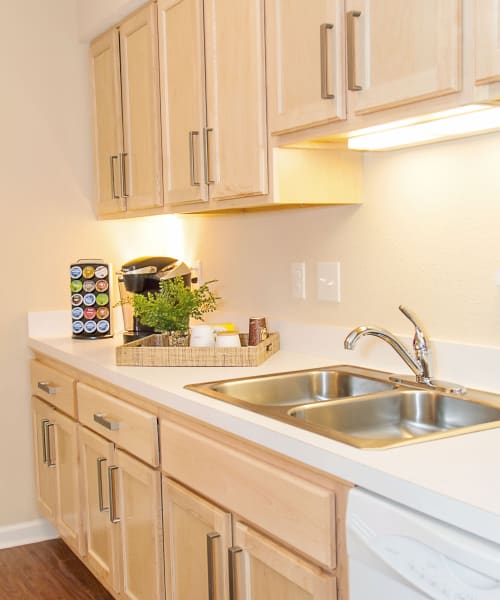 Bright kitchen with light wood cabinetry and white appliances at Arbor Brook in Murfreesboro, Tennessee