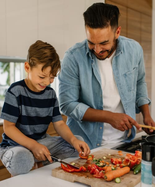In the kitchen, a youngster and his father are chopping vegetables at 1221 Vallejo Apartments in Novato, California